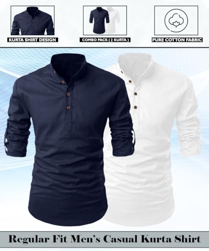 Image of FINIVO FASHION Combo of Men's Cotton Blend Solid Regular Fit Full Sleeve Straight Short Kurta Shirt, Casual and Formal Wear