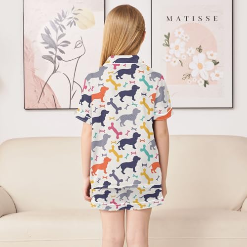 Dachshund Silhouette Print Summer Satin Pajama Set, Cute Button-Down Sleepwear Pj Set for Sleep Wears4