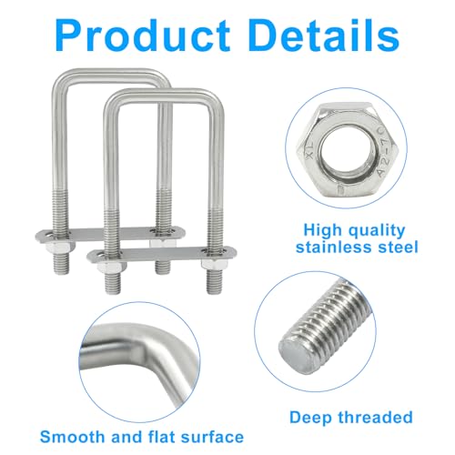 Image of 2 Stainless Steel Square U-Bolts, 2.0 inch x 4.7 inch, M10 304 | With Frame Plates and Nuts, Light Industry, Metallurgy, Construction, Shipping