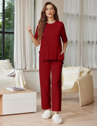 Image of Ekouaer Lounge Sets for Women Short Sleeve Tops and Long Pants Soft Comfy Pajamas Set 2 Piece Outfits