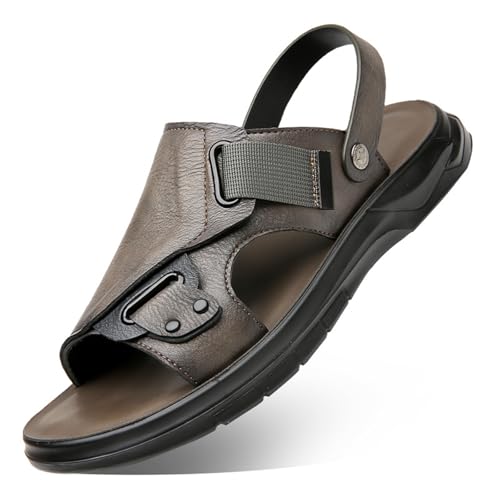 Image of Men'S Pu Leather Flat Sandals With Adjustable Dual-Use Ankle Straps Comfortable Breathable Open-Toe Slip-On Sandals, Soft Casual Sliding Slippers