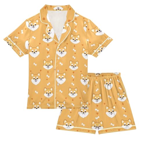 Cute Shiba Inu Pattern Summer Satin Pajama Set, Cute Button-Down Sleepwear Pj Set for Sleep Wears
