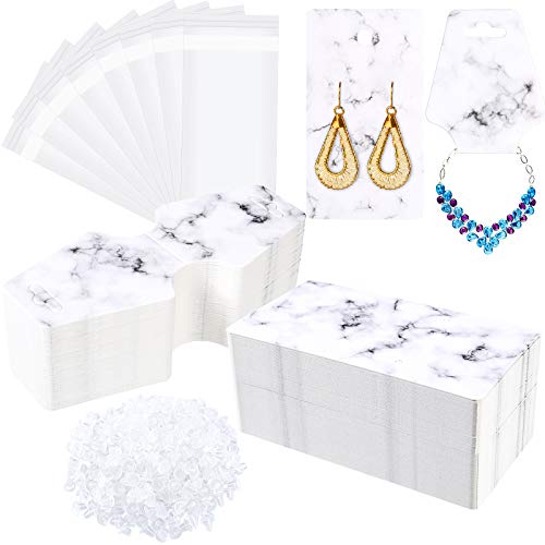 500 Pieces Marble Earring Necklace Display Card Holder Set Include 100 Pieces 3.5 x 2 Inch 100 Pieces 4.7 x 2 Inch Jewelry Display Cards 200 Pieces Earring Backs 100 Self-Seal Bags for Packing (White)