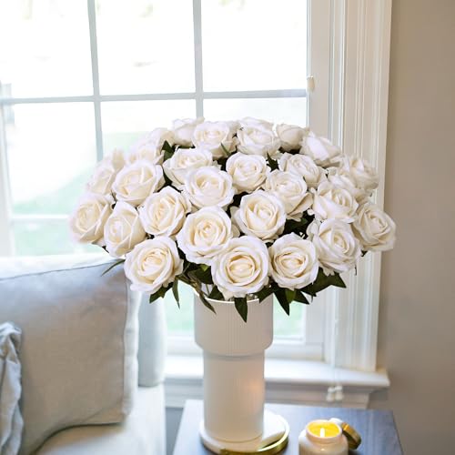 Image of INSPRING 50 PCS Champagne Roses Artificial Flowers with Long Stems | Real Looking, Fake Roses, Silk Flowers, DIY Bouquet, Wedding Party Celebration Home Bridal Decoration Gift, for Her Wife