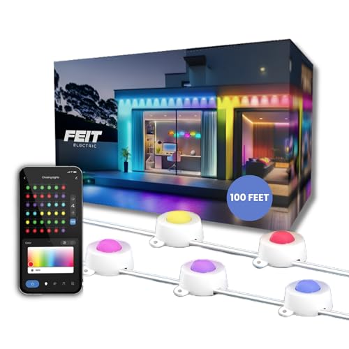Feit Electric Permanent Outdoor Lights Smart String Lights 100FT LED Lights 2.4GHz WiFi-Enabled Under Eaves Light Works with Alexa and Google Asst App Control Weatherproof SL100-60/RGBTW/AG