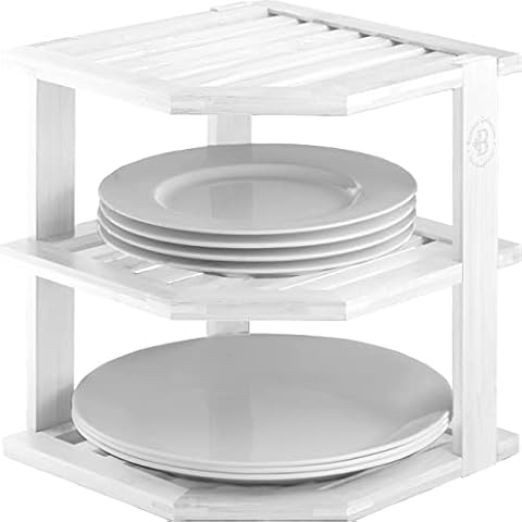 Bamboo Corner Shelf - Kitchen Countertop Organizer, Kitchen Counter Shelf - Corner Cabinet Organizer - Dish Organizer, Plate Organizer for Cabinet - Organizes and Saves Space (White) Cover