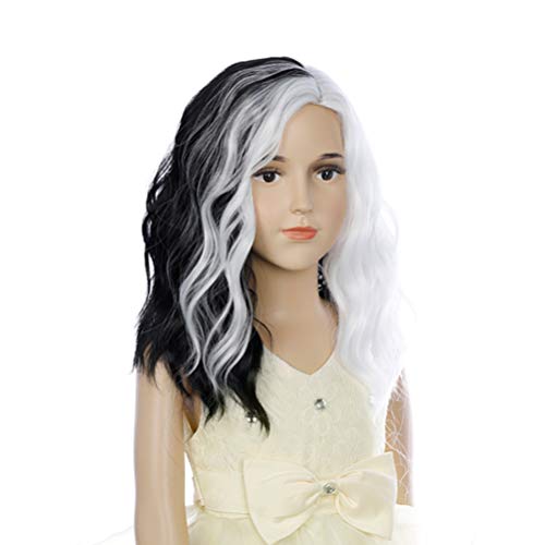 Duduwig Kids Black White Wig Short Wavy Curly Bob Wig Half Black And White Wigs For Halloween Cosplay (Black And White) #TOP2