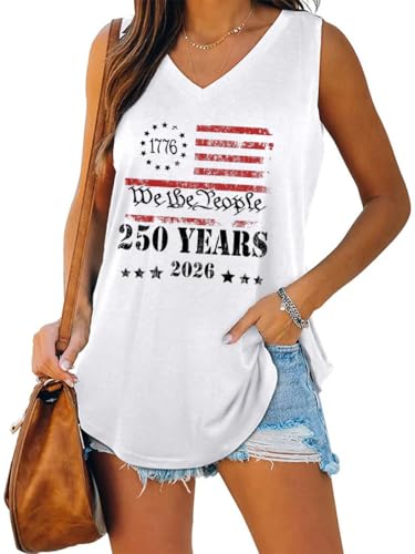 Fccossa V Neck Patriotic Tank Tops for Women 4th of July 250th Years Flag USA Graphic Cami Shirts Summer Tops Tee(A-white03 X-Large)