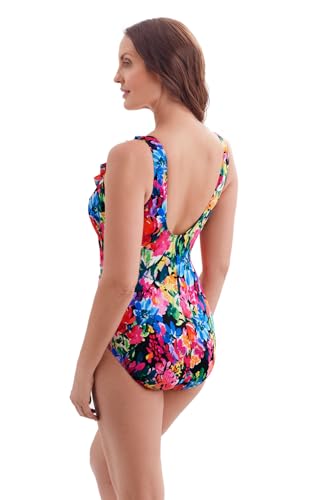 Women's Swimwear Blooming Bouquet Ruffle Front Surplice One Piece Swimsuit, Multi, 162