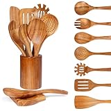 Cucharas de madera para cocinar, 9 piezas, juego de utensilios de cocina de madera, utensilios de teca suave con agarre cómodo, espátula de madera y cucharas perfectas para cocinar, utensilios de