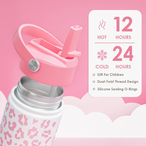 Image of SANDJEST Pink Leopard Print Kids Water Bottle With Straw Lid 12oz Insulated Stainless Steel, Travel Tumbler, Gifts For Girls, Birthday, Christmas, Back To School