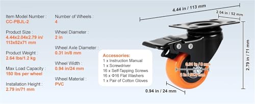 Roulette de chaise de bureau 6 pouces avec plaque pivotante et frein pour sol dur x4 - 3