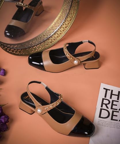 Image of JM LOOKS Women's Elegant Block Heel Slingback Pumps with Decorative Chain and Pearl Accent Detail Straps
