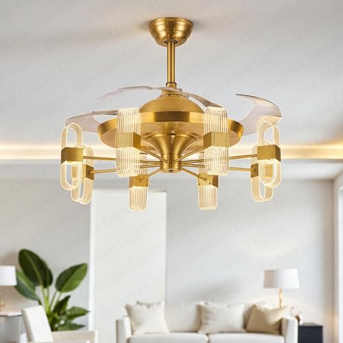 Image of Glowave Golden 42 inch 6 Light Transparent Acrylic Fan with 4 Invisible Retractable ABS Fan Blades Ceiling Fan Light with Remote Control - Tricolour |White, Warm White, Natural White| (7723)