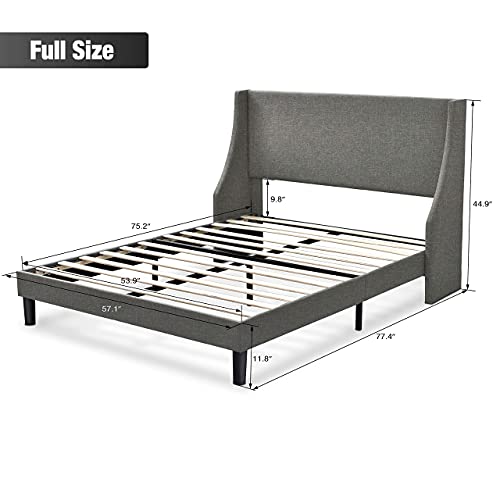Einfach Full Size Platform Bed Frame With Wingback Headboard/Fabric Upholstered Mattress Foundation With Wooden Slat Support, Light Grey #TOP1