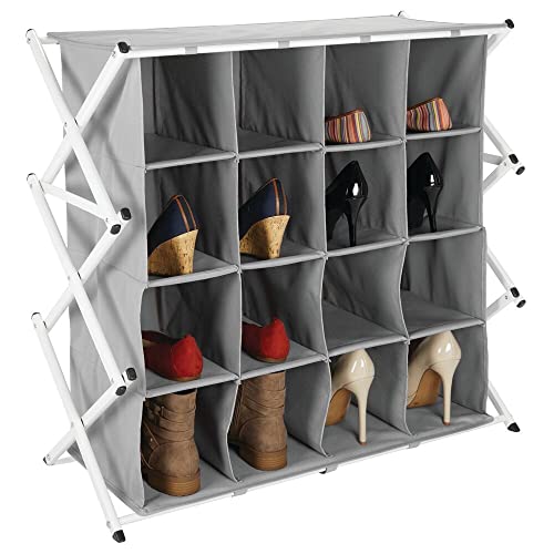 Image of mDesign Soft Fabric Shoe Rack Holder & Organizer - 16 Cube Storage Shelf for Closet, Entryway, Mudroom, Garage, Kids Playroom - Accordion Metal Frame, Collapsible - Closet Organization - Gray /White