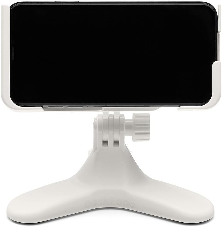 WeatherTech DeskFone Two View in White - Adjustable, Universal Cell Phone Holder Mount Stand for Desk, Counter, Table - Tripod Design for iPhone & Smartphone Charging - White Plastic Knobs