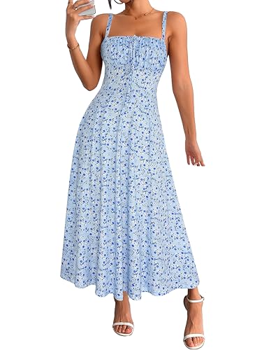 Image of YATHON Women's Summer Midi Corset Boho Dresses Spring Casual Floral Spaghetti Straps Lace Up Dress Flowy Aline Beach Sundress
