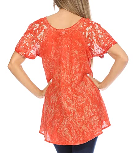 Sakkas Ash Speckled Tiedye Embroidered Cap Sleeve Blouse Top with Embroidery Hems2