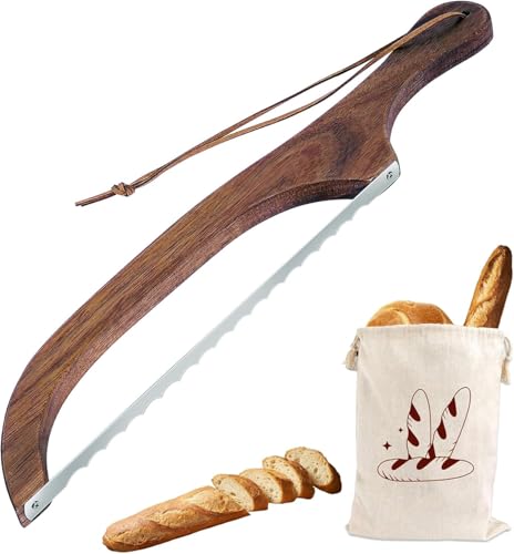 Bow Bread Knife and Bread Linen Bag, 16' Wooden Handle Bread Cutter with Leather Hanging Strap...