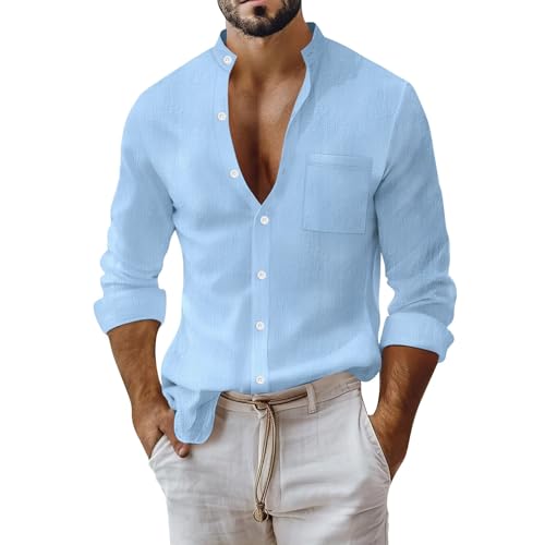 Chemise en coton et lin homme coupe régulière manches longues chemise d'été légère