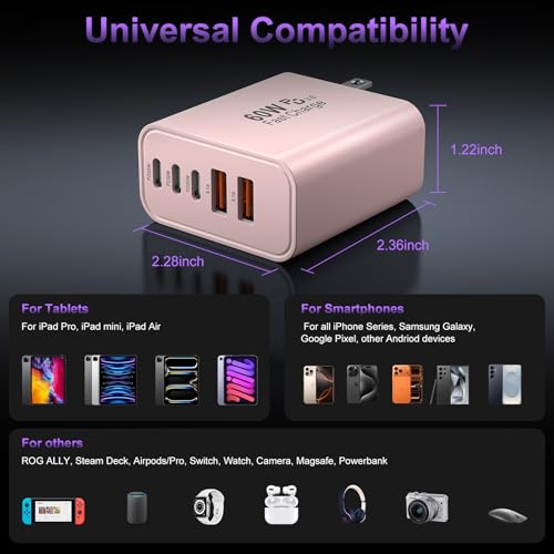 Image of USB C Fast Wall Charger Block, 2Pack 60W USBC Charging Cubes, 5-Port PD+QC Power Adapter Multiport Brick Type C Box Plug for Phone 17 /16 /15 /14 /13 /12 /11 /Pro Max /Plus, Pad Mini /Pro /S25 /S24-Pink