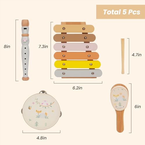 Wooden Musical Instruments Set for Toddlers 1-3, Natural Wood Percussion Instruments Xylophone Gift Set for Girls Boys Kids ,Preschool Educational Musical Toys