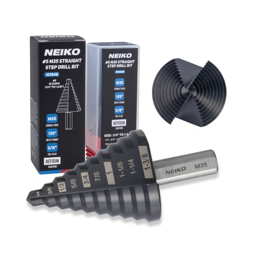 Image of NEIKO 10194B Step Drill Bit, 10 Steps 1 /4 inch to 1-3 /8 inch Straight M35 Cobalt, AlTiSiN Coated, 3 /8 inch Tri-Flat Step Bits for Steel, Metal, Wood, Plastic, Unibit Cone Drill Bits, Two Flute