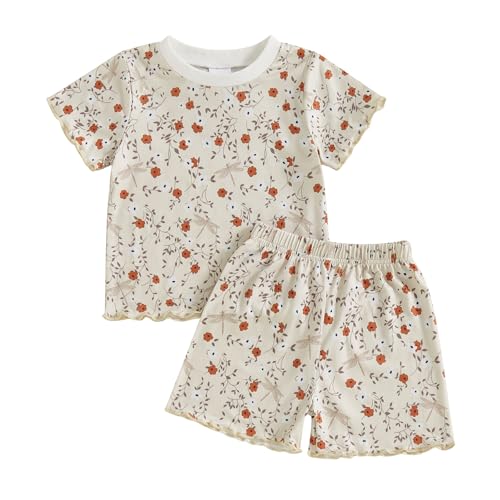 BeliBacca Baby Girls Summer Two Piece Outfits Floral Print Crew Neck Short Sleeve Top Lettuce Trim Elastic Shorts Set Toddler Girl Sets Kids Clothes (Apricot, 12-18 Months)