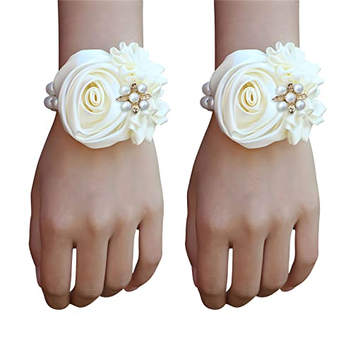 Cileruide Satin Rose Bridal Wrist Corsage 2pcs Set Hand Flower for Wedding Bride Bridesmaid Mother Sisters Wristband for Prom, Homecoming, Quinceanera, Tea Party, Bridal Shower, Formal Dinner, Ivory