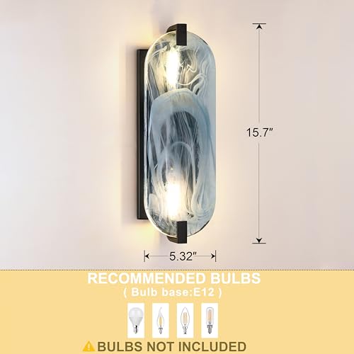 Image of 15.7 inch Clear Blue Oval Glass Bathroom Modern Wall Sconce Fixture for Bedroom Hallway Bedside 2 Pack 2 Light Black Wall Sconce