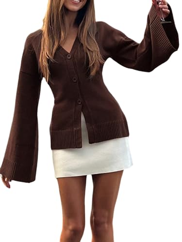 MakeMeChic Women's Y2K V Neck Cardigans Long Bell Sleeve Button Down Open Front Knit Fall Sweater