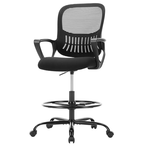 Sweetcrispy Tall Drafting Desk Chair - Ergonomic High Stool Computer with Adjustable Height and Comfy Lumbar Support, Office Rolling Counter with Flixed Arms and Footrest, Dark Black