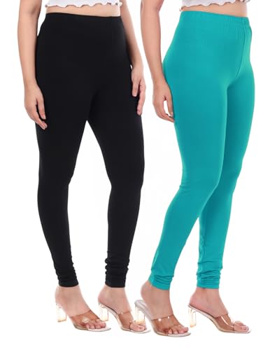 Image of TPF Women Solid Cotton Lycra 4 Way Stretchable Leggings | Combo Pack of 2 Comfortable Churidar-Length Slim Fit Leggings for Women & Girls