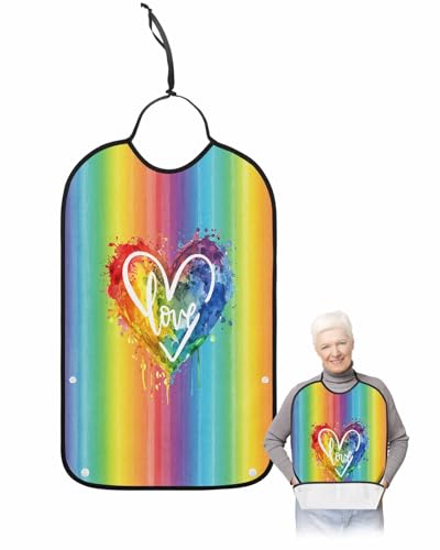 Multicolor Love Adult Bib for Adults Men, Women, Abstract Rainbow Pastel Stripes Art Washable & Adjustable Terry Cloth Bib with Crumb Catcher Reusable Waterproof Clothing Clothes Protector Apron