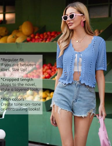 Image of Kate Kasin Women Crochet Shrug Knit Sweater, Short Sleeve Cropped Cardigan | Tie Front Tops Light Weight, Knit Cover Up Arm Bolero For Evening Dresses Dressy Casual, Ladies Eyelet Shawl Thin Formal
