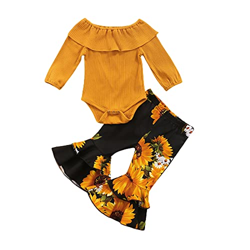 Image of Tiacham Baby Girl Outfits Fall Winter Long Sleeve Romper Bodysuit Infant Sunflower Bell Bottoms Pants Sets (Black, 6-12 Months)