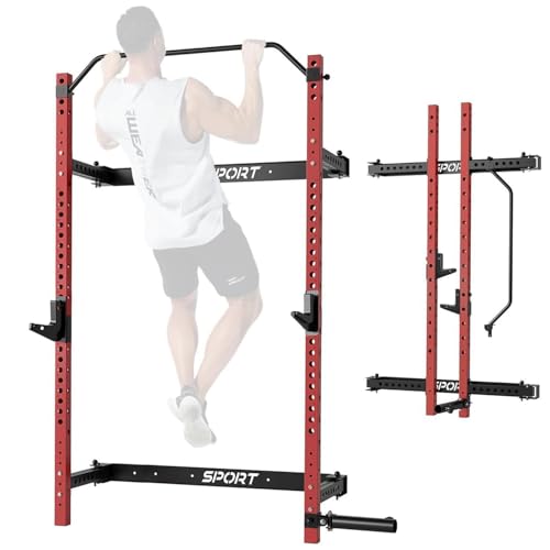 Folding Squat Rack for Home Gym, 1000LBS Capacity Power Rack with Pull-Up Bar, J-Hooks, Landmine Attachment, Space Saving Squat Power Rack for Garage & Home Gym