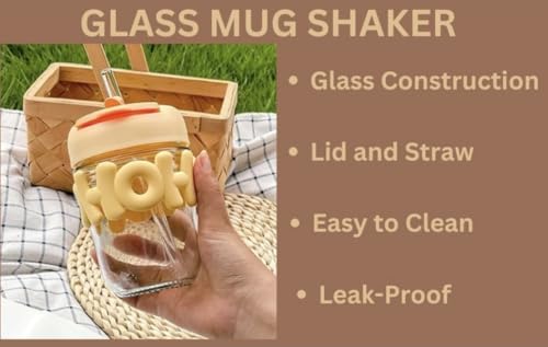 Image of HoHo Glass Mug Shaker with Silicone Holster, Lid and Straw, for Iced or Hot Drinks, Smoothies, Juices, and Iced Coffee