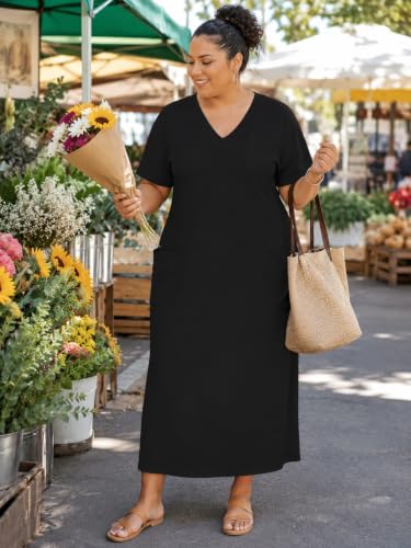 Image of SUZONANA Women Casual T-Shirt Dress V Neck Short Sleeve Solid Color Oversize Dress with Front Two Pockets