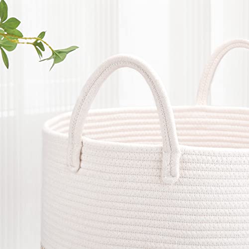 Image of Large Cotton Rope Laundry Hamper for Clothes 65L, White & Blue | 16 inchx 20 inch, Tall Woven Storage Basket for Nursery, Bedroom & Living Room; Stores Clothes, Blankets, Pillows, Toys & Towels