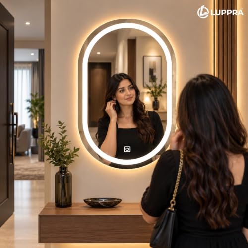 Image of 24x24 Inch Round Glass Wall Mounted LED Mirror with Smart Touch Sensor & 3 Color Lights (Warm, Cool, Natural) for Bathroom, Washbasin & Vanity (Capsule)