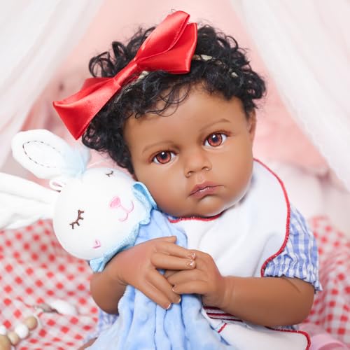 Image of KSBD Lifelike Reborn Baby Doll Black - 18-Inch Realistic African American, Weighted Newborn Real Life Handcrafted Baby with Soft Body, American Flag Outfit and Accessories Gift Set for Kids Age 3+