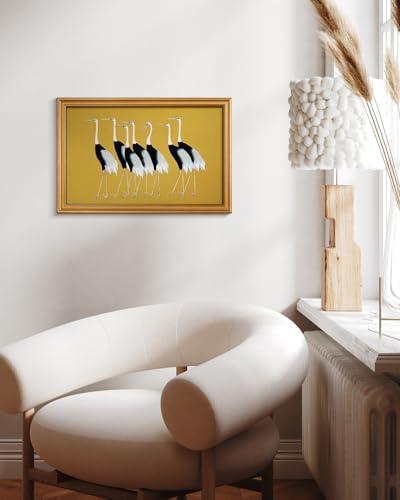 Image of HUARCEY Gold Framed Vintage Wall Art for Living Room, Animals Painting Prints Shelf Decor for Kitchen, Aesthetic Bedroom Wall Art Decor, Christmas Gifts for Friends or Family (Seven Cranes 16 inchx24 inch)