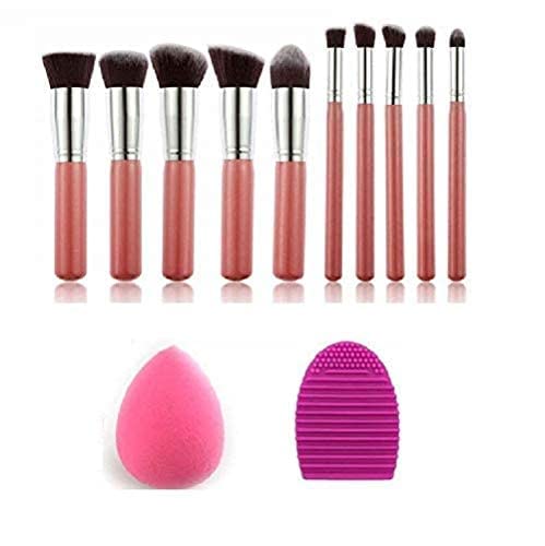 Image of Makeup Brushes Set Tool Pro Foundation Eyeliner Eyeshadow (Pink) 10 pcs with Sponge Puff and Cleaner
