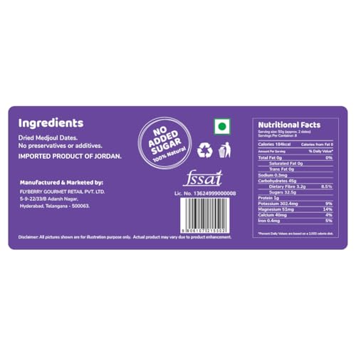 Image of Flyberry Gourmet Large Medjoul (Medjool) Dates | Rich Source of Potassium & Iron | No Added Sugar or Preservatives | Low GI Energy Snack | Khajoor | Khajur |400 g