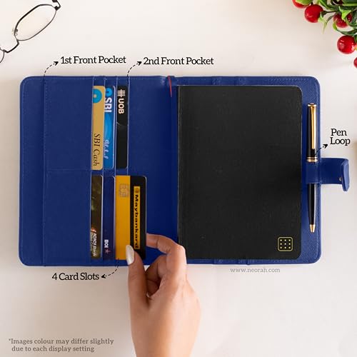 Image of NEORAH - B6 Notebook SLEEVE with SNAP Button + Dotgrid JOURNAL | Faux Leather Sleeve + Penloop | 2 Front 1 Back compartment | 6 Card Slots -DARK BLUE