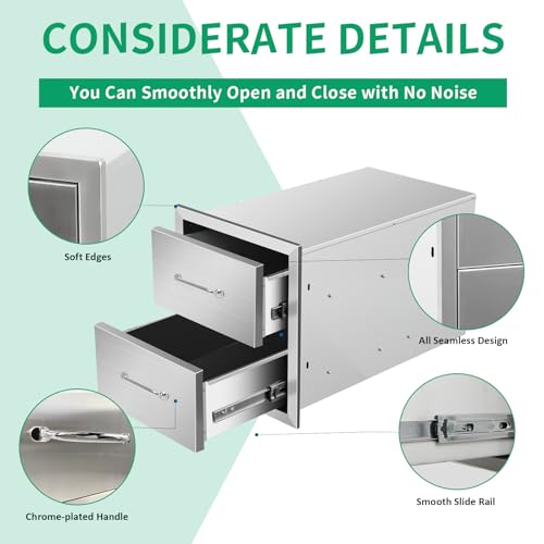 Image of Outdoor Kitchen Drawers 14 inch W x 15 inch H x 23 inch D Stainless Steel Double Drawers with Ergonomic Handle for BBQ Island, Patio Grill Station & Outdoor Kitchen Cabinets