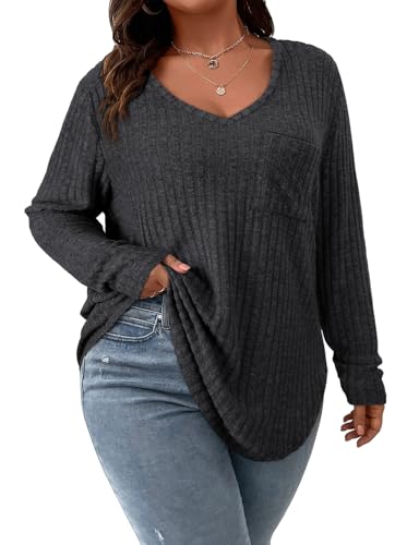 Image of Koscacy Women Plus Size Casual Knit Sweater with Pocket V Neck Solid Color Tops Lightweight Long Sleeve Blouses