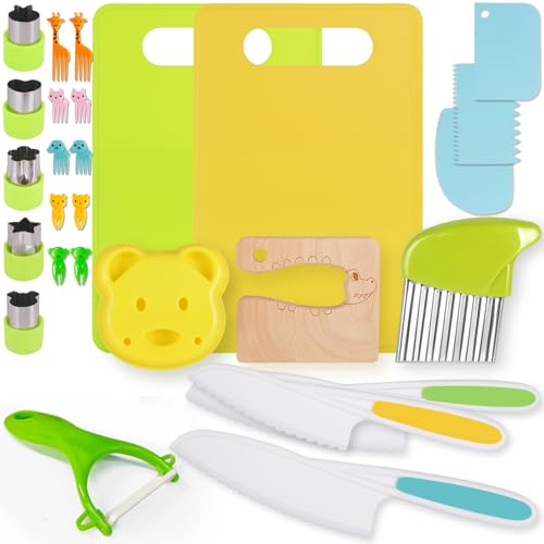 Genround 28 Pc Toddler Kitchen Tools - Kids Kitchen Knife Set, Safe Knives, Crinkle Cutter, Sandwich Cutters